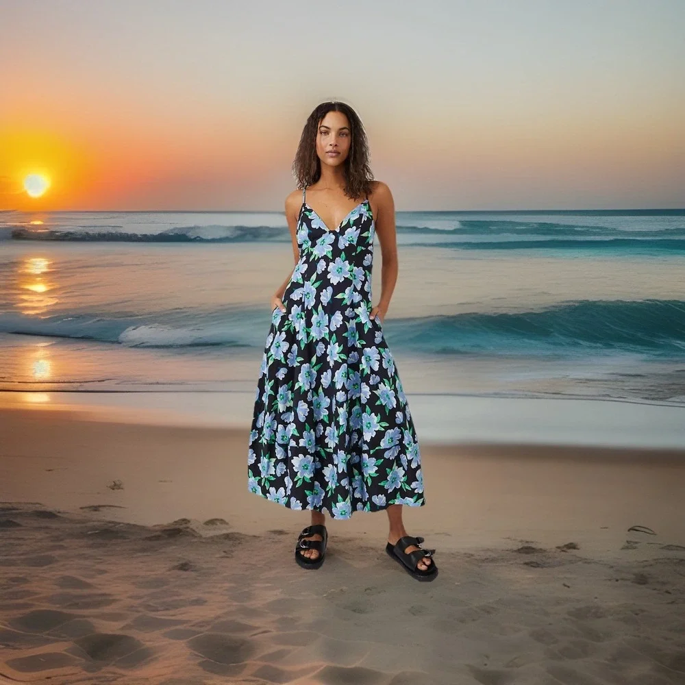 Free People Stunning Finer Things Midi Floral Dress Blue Stunning Sz XS X-Small